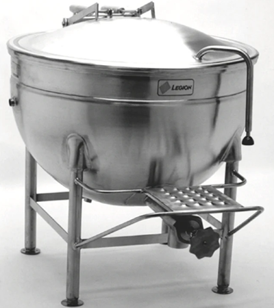 Direct Steam Kettle Full Jacketed Deep Drawn Construction Stationary, Leg Mounted LOW-RIM Model LS